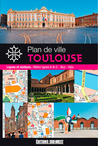 Toulouse, plan de ville : et de Balma, Blagnac, L'Union et Ramonville : lignes et stations, métro lignes A-B-C, tramway, bus, vélo