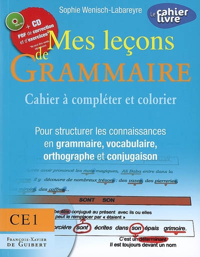 Mes leçons de grammaire CE1 : manuel à compléter et colorier : pour structurer les connaissances en grammaire, vocabulaire, orthographe et conjugaison