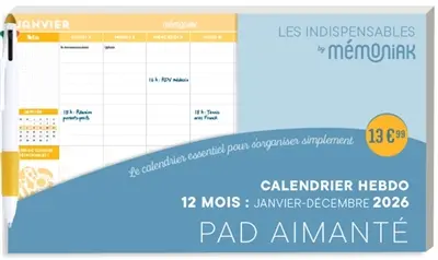 Pad aimanté calendrier hebdo : 12 mois, janvier-décembre 2026