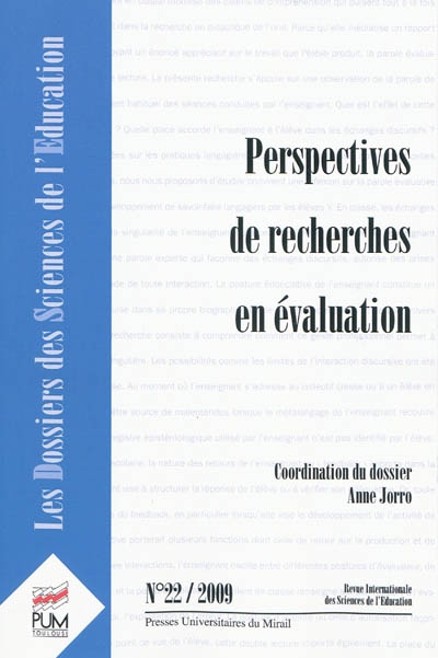 Dossiers des sciences de l'éducation (Les), n° 22. Perspectives de recherches en évaluation