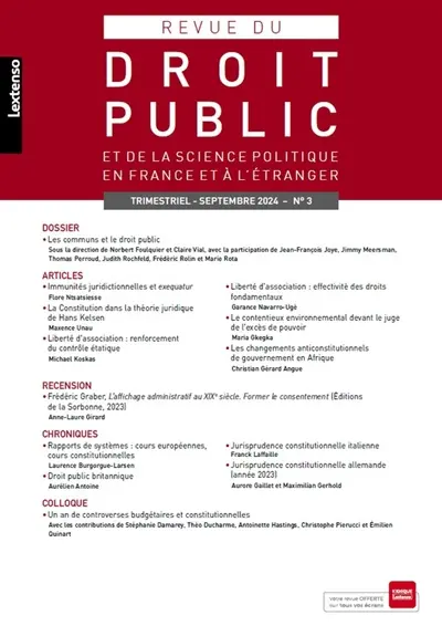 Revue du droit public et de la science politique en France et à l'étranger, n° 3 (2024). Les communs et le droit public