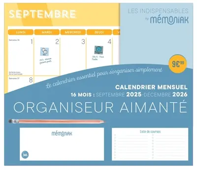 Organiseur aimanté mensuel Mémoniak 2026 : 16 mois, de septembre 2025 à décembre 2026