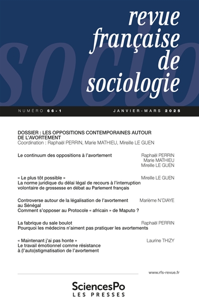 Revue française de sociologie, n° 66-1. Les oppositions contemporaines autour de l'avortement