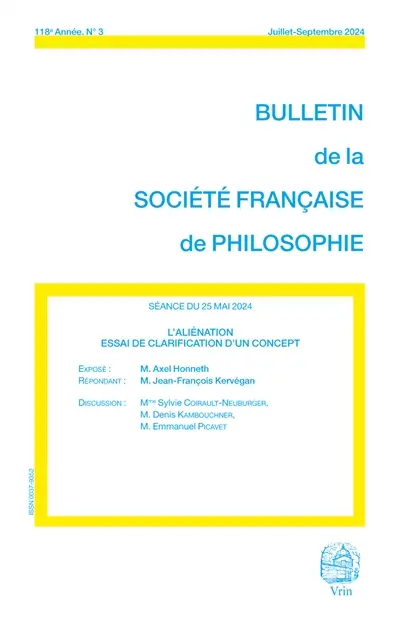 Bulletin de la Société française de philosophie, n° 3 (2024). L'aliénation : essai de clarification d'un concept