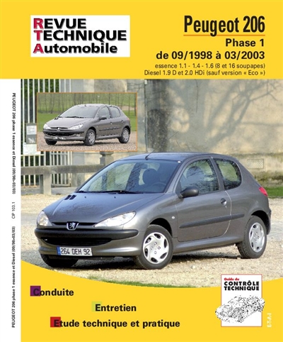 Peugeot 206 : phase 1 de 09-1988 à 03-2003 : essence 1.1, 1.4, 1.6 (8 et 16 soupapes) Diesel 1.9 D et 2.0 HDi (sauf version Eco)