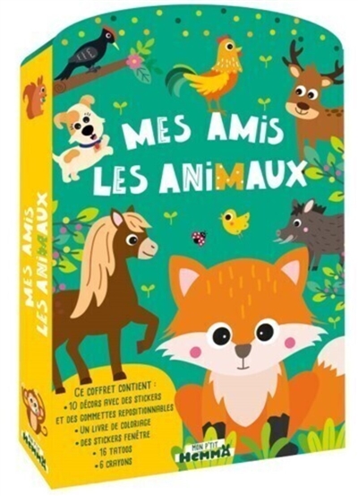 Mon P'tit Hemma - Mes amis les animaux - Ce coffret contient : 10 décors avec des stickers et des gommettes repositionnables, un livr