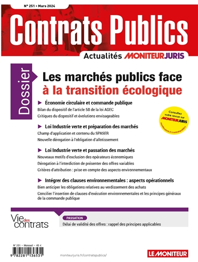 Contrats publics, l'actualité de la commande et des contrats publics, n° 251. Les marchés publics face à la transition écologique