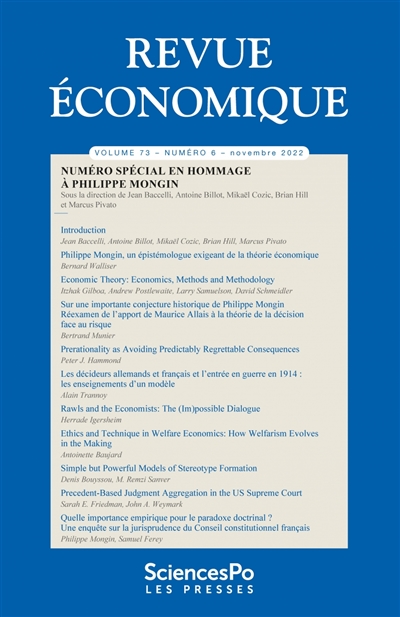 Revue économique, n° 73-6. En hommage à Philippe Mongin