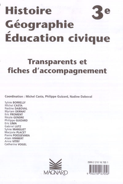 Histoire, géographie, éducation civique, 3e : transparents et fiches d'accompagnement