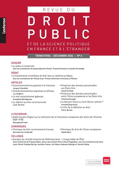 Revue du droit public et de la science politique en France et à l'étranger, n° 4 (2024). La police à l'université