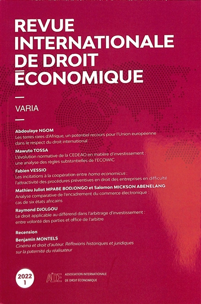 Revue internationale de droit économique, n° 1 (2022). Varia