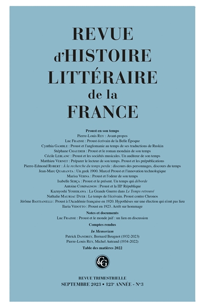 Revue d'histoire littéraire de la France, n° 3 (2023). Proust en son temps
