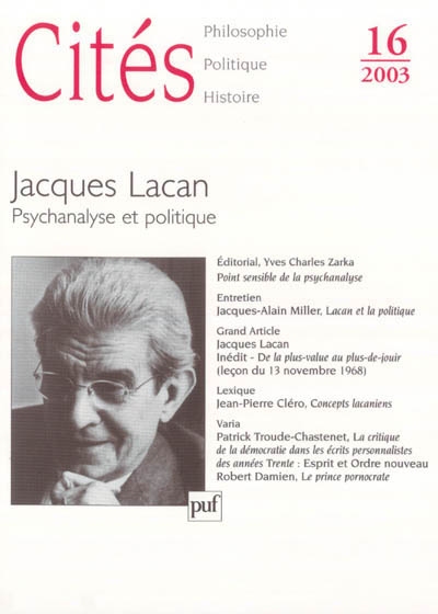 Cités, n° 16. Jacques Lacan : psychanalyse et politique