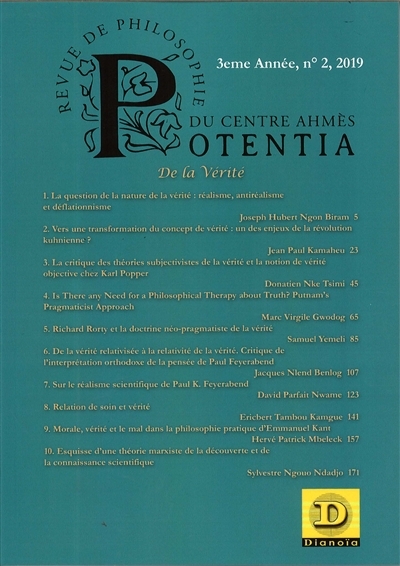 Potentia : revue de philosophie du centre Ahmès, n° 2. De la vérité : actes du colloque des doctorants 2017