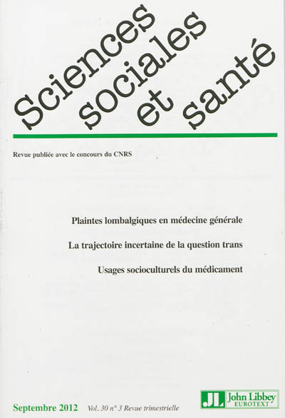 Sciences sociales et santé, n° 3 (2012)