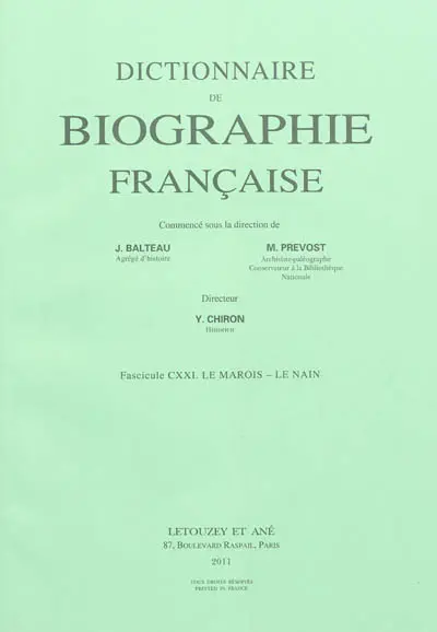 Dictionnaire de biographie française : fascicules 1 à 121, de Aage à Le Nain