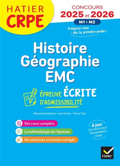 Histoire géographie EMC, enseignement moral et civique : épreuve écrite d'application : CRPE concours 2025 et 2026 M1, M2