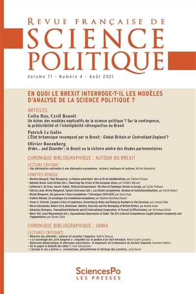 revue française de science politique, n° 71-4. en quoi le brexit interroge-t-il les modèles d'analyse de la science politique ?