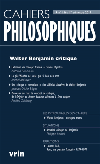 Cahiers philosophiques, n° 156. Walter Benjamin critique