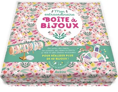 Mon extraordinaire boîte à bijoux : des perles, des charms, des pompons, des rubans en Liberty, un miroir et plein d'autres accessoires pour réaliser plus de 40 bijoux !