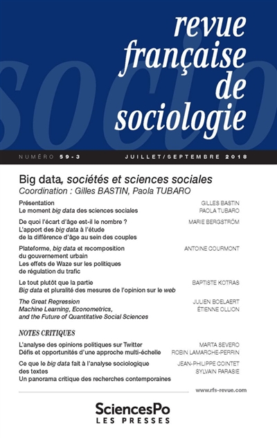 Revue française de sociologie, n° 59-3. Big data, sociétés et sciences sociales