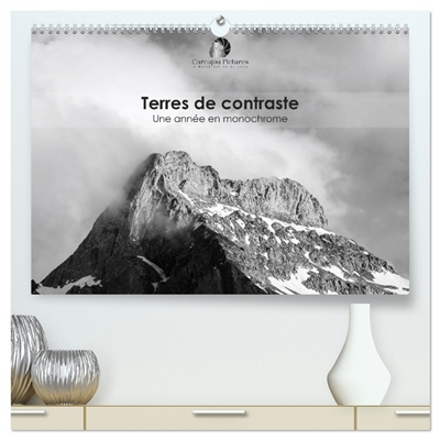 Terres de contraste – Une année en monochrome (Calendrier mural 2026 DIN A2 vertical) calendrier de bureau : Un calendrier artistique et élégant qui révèle, mois après mois, la puissance et la poésie des paysages en noir et blanc.