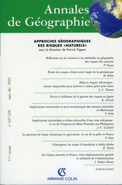 Annales de géographie, n° 627-628. Approches géographiques des risques naturels