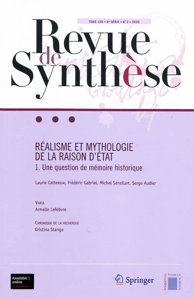 Revue de synthèse, n° 130-2. Réalisme et mythologie de la raison d'État : 1, une question de mémoire historique