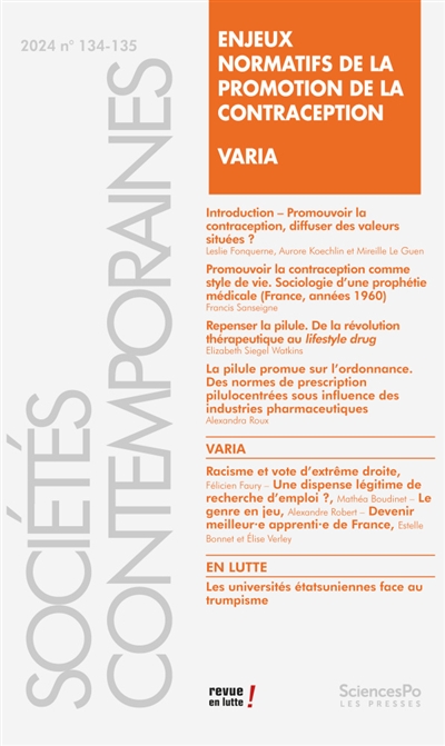 Sociétés contemporaines, n° 134. Enjeux normatifs de la promotion de la contraception