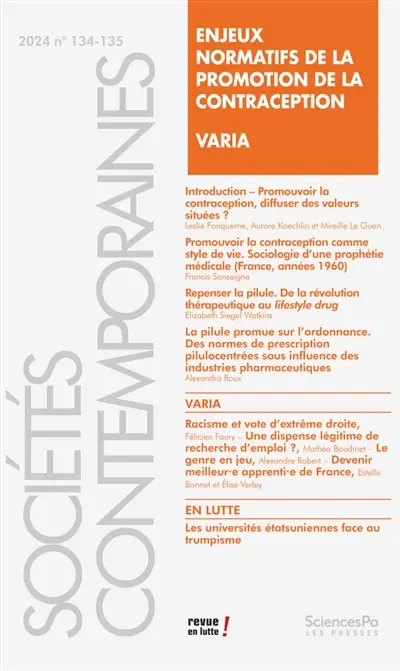 Sociétés contemporaines, n° 134. Enjeux normatifs de la promotion de la contraception