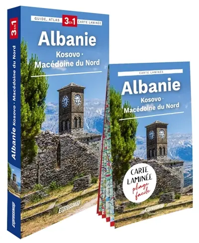 Albanie, Kosovo, Macédoine du Nord : 3 en 1 : guide, atlas, carte laminée