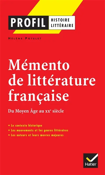 Mémento de littérature française : du Moyen Age au XXe siècle : le contexte historique, les mouvements et les genres littéraires, les auteurs et leurs oeuvres majeures