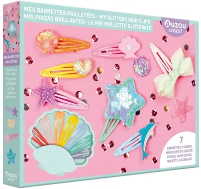 Mes barrettes pailletées : 7 barrettes à créer. My glittery hair clips : 7 hair clips to create. Mis pinzas brillantes : 7 pinzas para crear