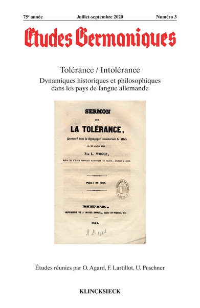 Etudes germaniques, n° 3 (2020). Tolérance-intolérance : dynamiques historiques et philosophiques dans les pays de langue allemande