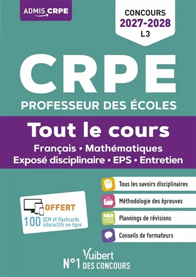 CRPE professeur des écoles : tout le cours, français, mathématiques, exposé disciplinaire, EPS, entretien : concours 2026-2027, L3