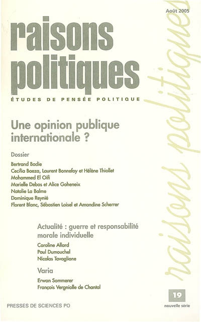 Raisons politiques, n° 19. Une opinion publique internationale ?