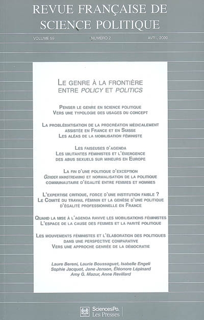 Revue française de science politique, n° 59-2. Le genre à la frontière entre policy et politics