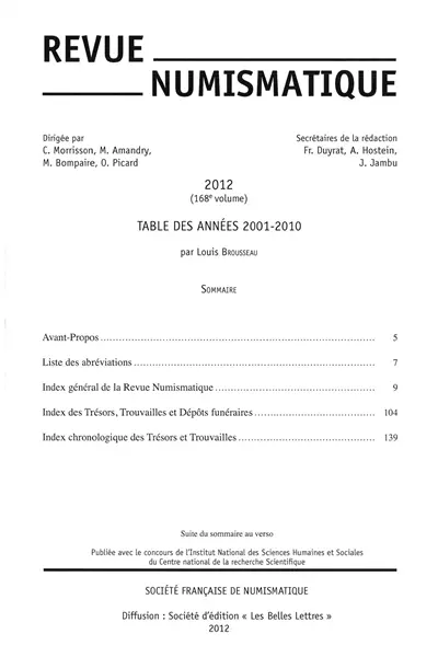 Revue numismatique, n° 168. Table des années 2001-2010