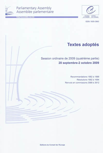 Assemblée parlementaire : textes adoptés : session ordinaire de 2009 (quatrième partie), 28 septembre-2 octobre 2009