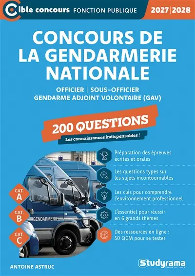 Concours de la gendarmerie nationale : officier, sous-officier, gendarme adjoint volontaire (GAV), 200 questions, cat. A, cat. B, cat. C : 2027-2028