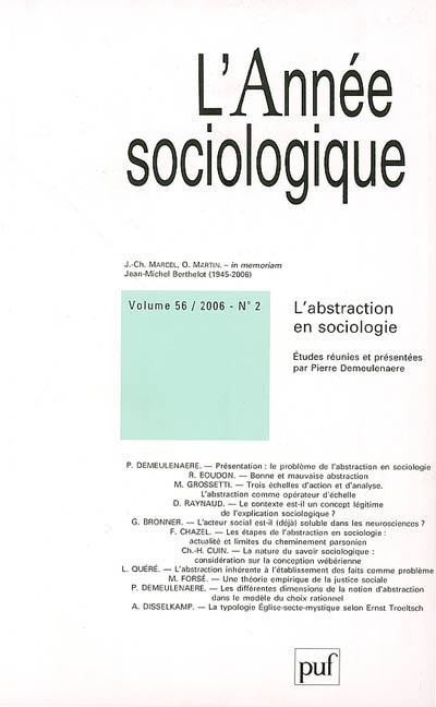 Année sociologique (L'), n° 2 (2006). L'abstraction en sociologie