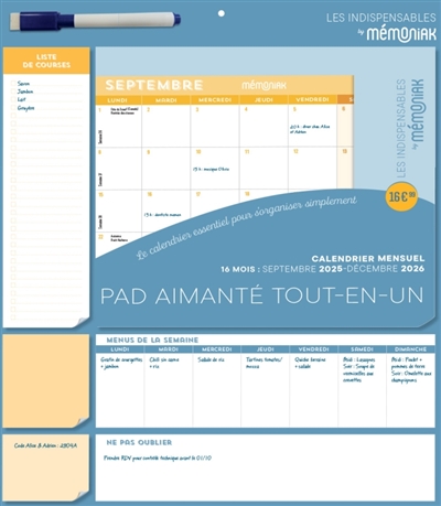 Pad mensuel aimanté tout-en-un 2026 : 16 mois, de septembre 2025 à décembre 2026