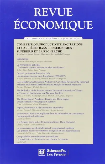 Revue économique, n° 66-1. Compétition, productivité, incitations et carrières dans l'enseignement supérieur et la recherche
