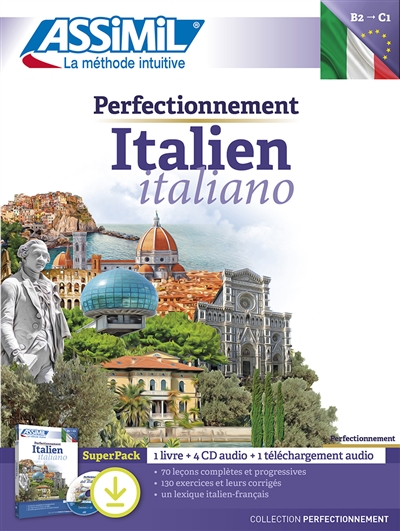Perfectionnement italien, B2-C1 : super pack : 1 livre + 4 CD audio + 1 téléchargement audio