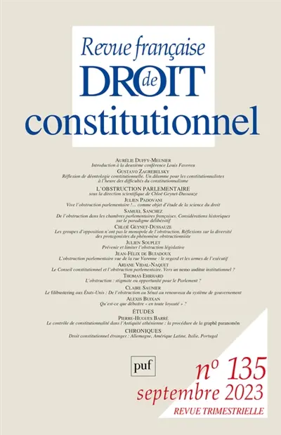 Revue française de droit constitutionnel, n° 135. L'obstruction parlementaire