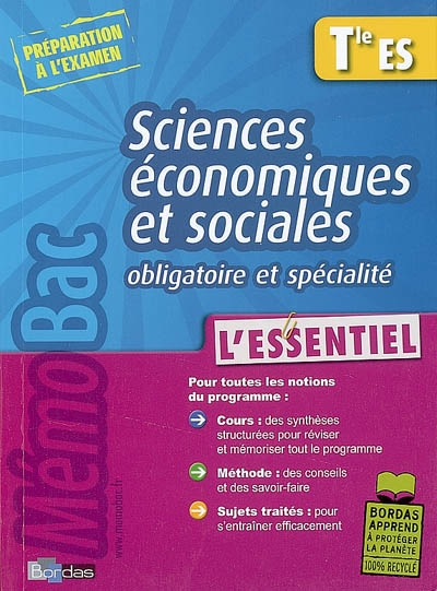 Sciences économiques et sociales obligatoire et spécialité, terminale ES