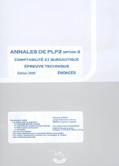 Annales de PLP2 : option B comptabilité et bureautique, épreuve technique : énoncés