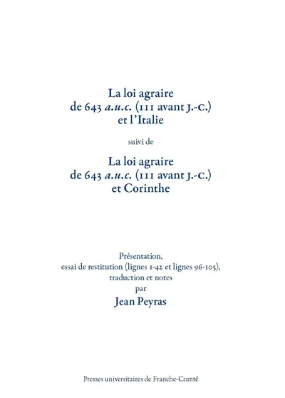 La loi agraire de 643 a.u.c. (111 avant J.-C.) et l'Italie. La loi agraire de 643 a.u.c. (111 avant J.-C.) et Corinthe