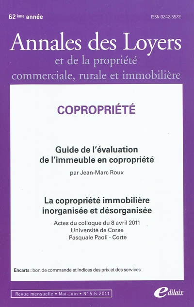 Annales des loyers et de la propriété commerciale, rurale et immobilière, n° 5-6 (2011). Guide de l'évaluation de l'immeuble en copropriété