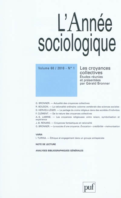 Année sociologique (L'), n° 1 (2010). Les croyances collectives